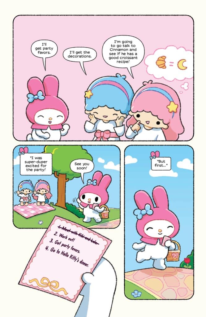 Two cartoon characters discussing preparations for a party, with one character holding a basket.