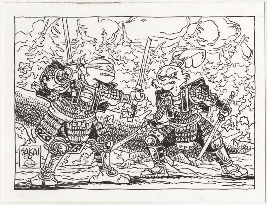 Two anthropomorphic characters in samurai armor are engaged in a duel, brandishing swords in a forest setting with trees and clouds in the background.
