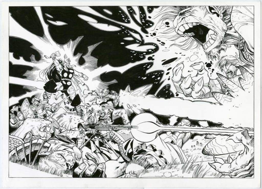 A dynamic comic book illustration depicting a battle scene, featuring a heroic character wielding a hammer, intense action, and various figures engaged in combat amidst dramatic black and white designs.