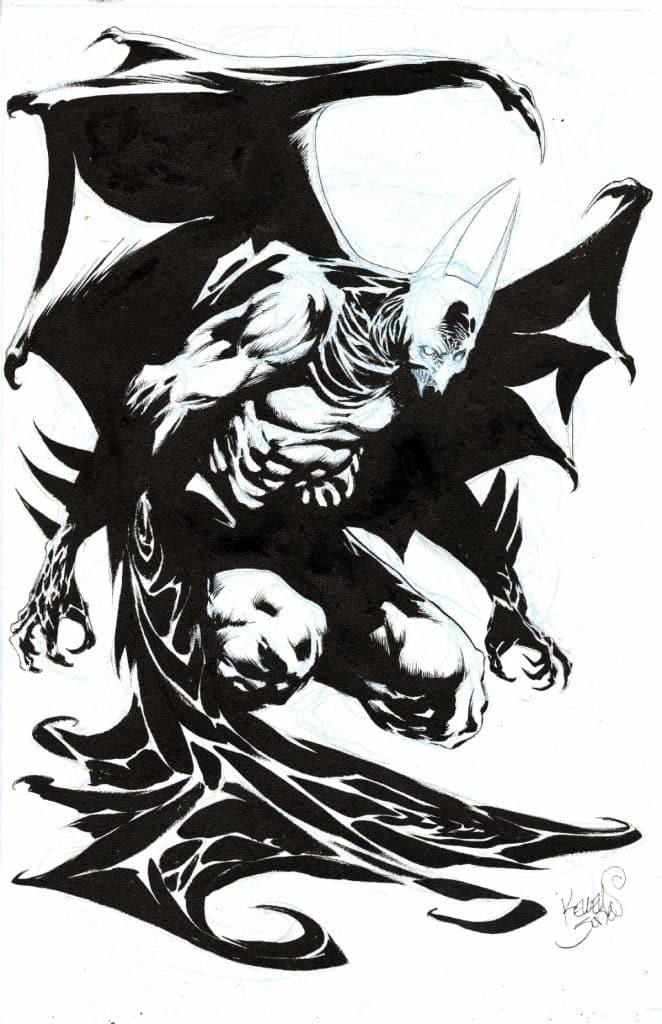 A stylized illustration of a muscular figure resembling a superhero with bat-like features, striking a dynamic pose. The character has a skull-like face and is surrounded by dark, flowing cape elements.