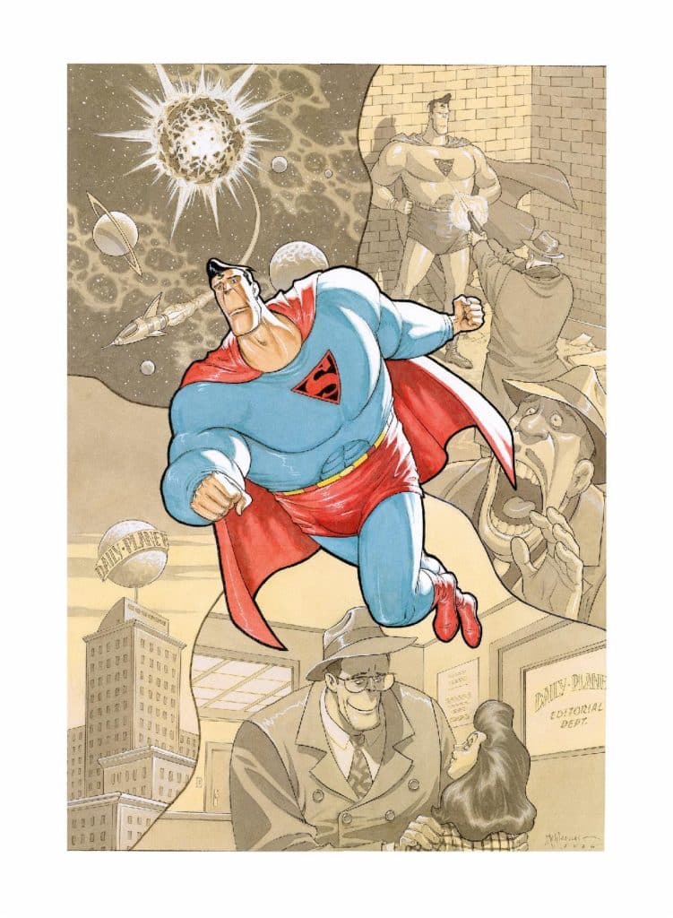 An illustrated depiction of a superhero, showcased in flight with a cityscape background and various characters observing, including a journalist and a detective, set against a cosmic backdrop.