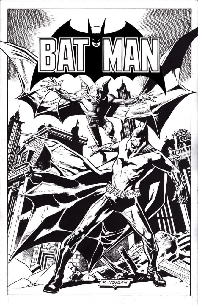 Comic book illustration featuring Batman in a dynamic pose, with a city skyline in the background and the character Hawkman flying above.