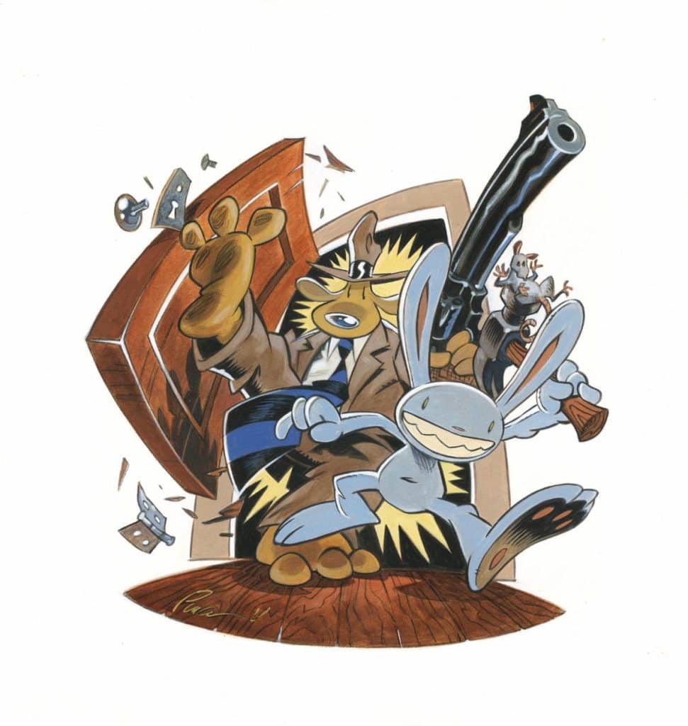An illustrated scene depicting a cartoon animal duo bursting through a door. The character on the left, a dog-like creature in a brown trench coat, wields a large gun while striking a dynamic pose. The character on the right is a light grey rabbit with a wide grin, also in motion. Background features debris from the door and an excited, chaotic atmosphere.