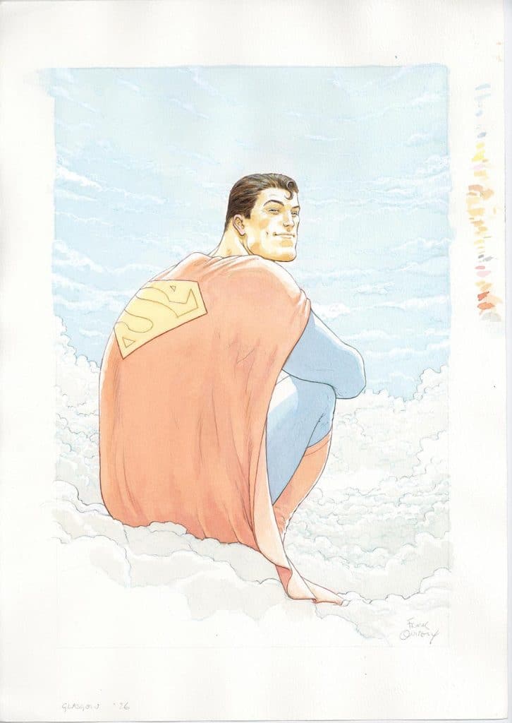 A digital illustration of a superhero in a red cape and blue suit, seated on clouds, looking back with a confident smile against a light blue sky.