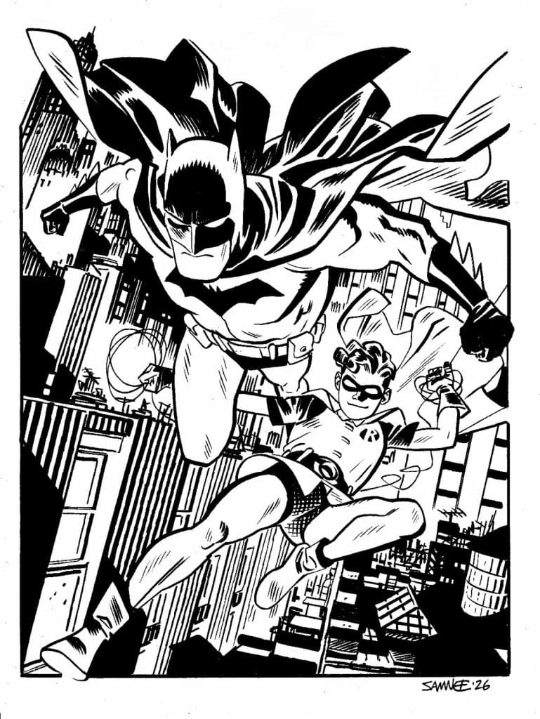 A dynamic comic-style illustration of Batman and Robin soaring through a city skyline, showcasing their heroic poses and costumes against a backdrop of tall buildings.