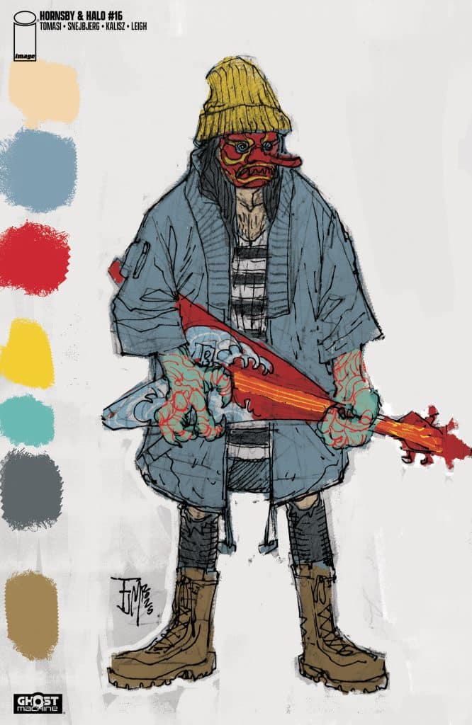 An illustrated character wearing a yellow beanie and a mask with exaggerated features, holding a red weapon, dressed in casual clothing with visible tattoos on their arms, seated with a relaxed posture.