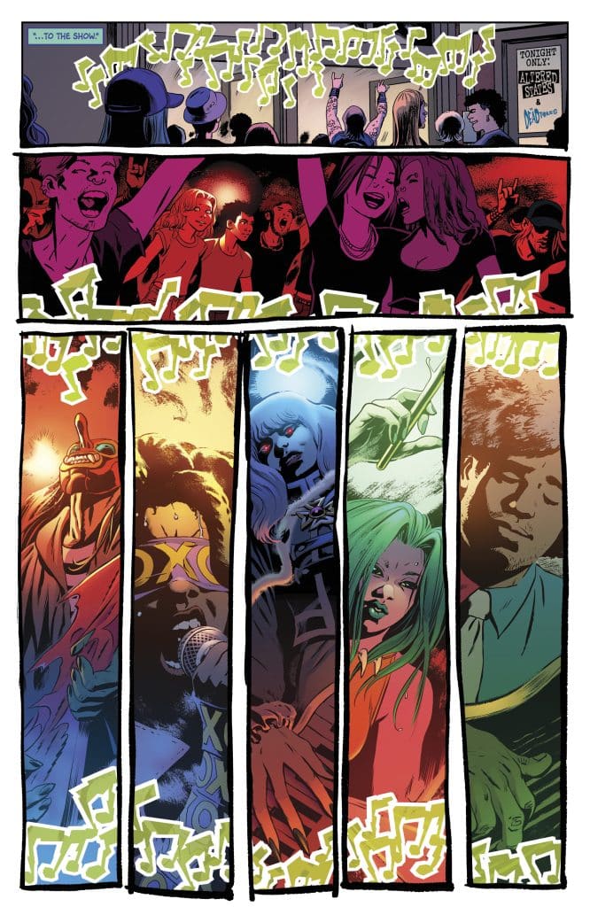 A vibrant comic-style illustration depicting a lively music event with enthusiastic fans, colorful lights, and performers on stage. The scene includes multiple panels showcasing diverse characters enjoying the show.