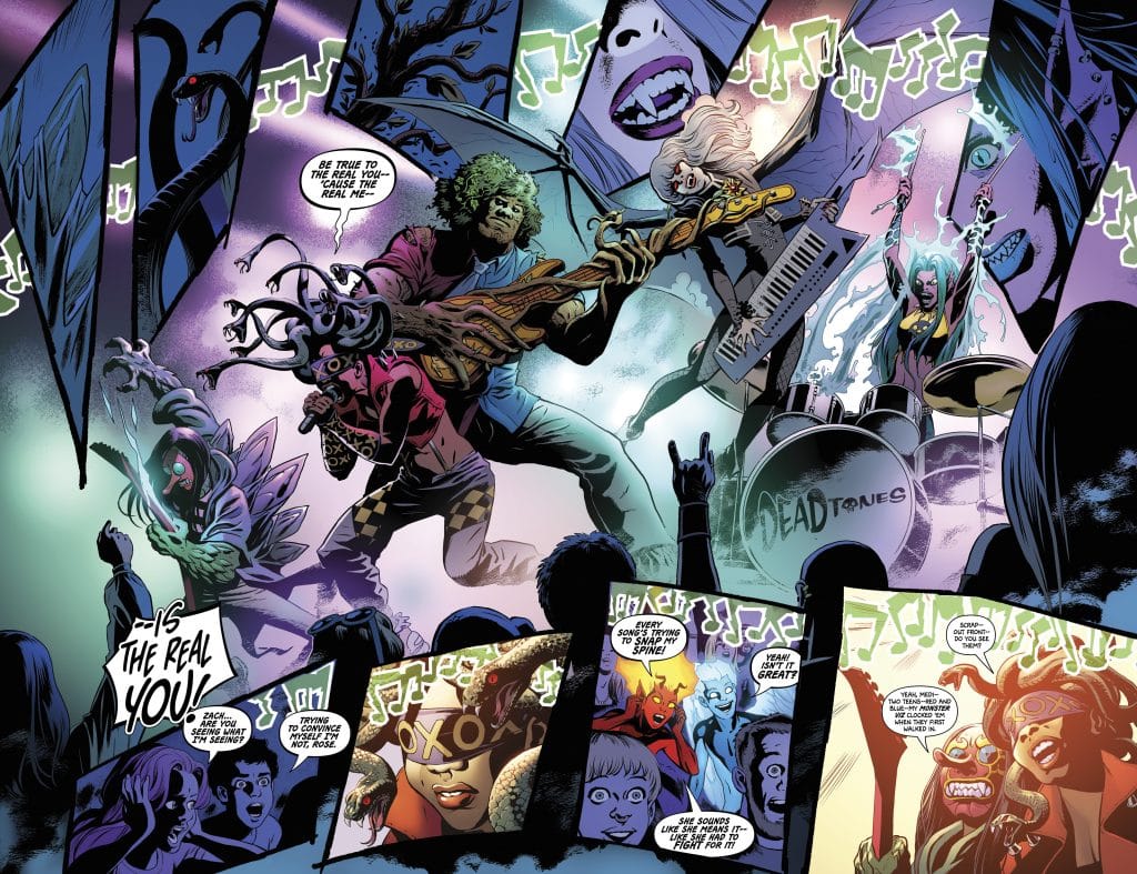 A dynamic comic book scene featuring a rock band called 'Dead Tones' performing on stage. The band consists of four characters, each playing different instruments. An audience watches enthusiastically, with some characters displaying exaggerated expressions of excitement. Musical notes and visual effects enhance the energetic atmosphere.