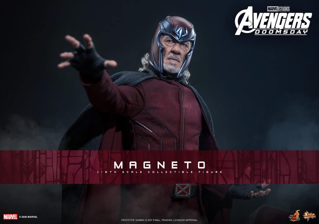 A highly detailed collectible figure of Magneto from Marvel Studios' Avengers: Doomsday, showcasing his iconic costume and helmet, posed dramatically against a dark background.