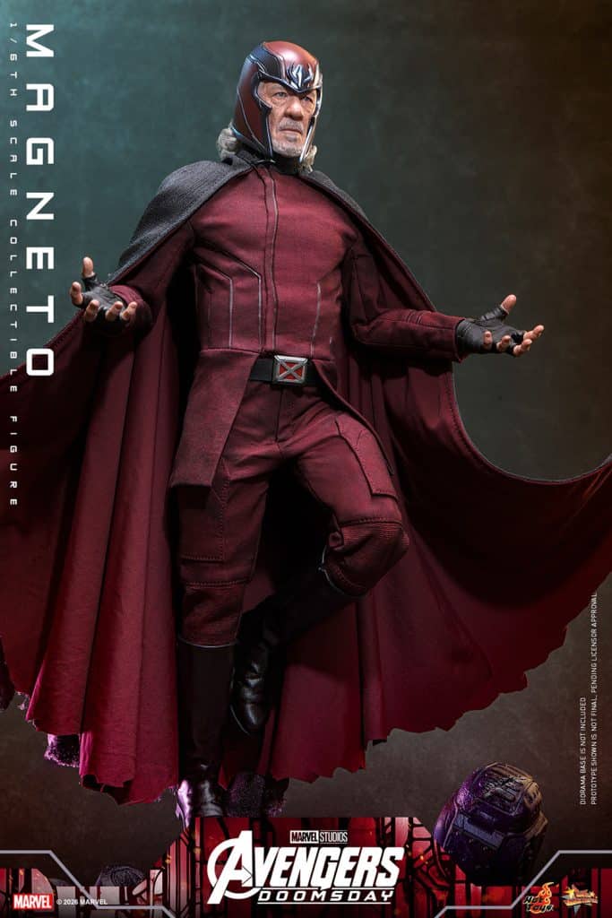 A highly detailed 1/6 scale collectible figure of Magneto, dressed in a red and black costume with a flowing cape, standing confidently with outstretched arms against a gradient background.