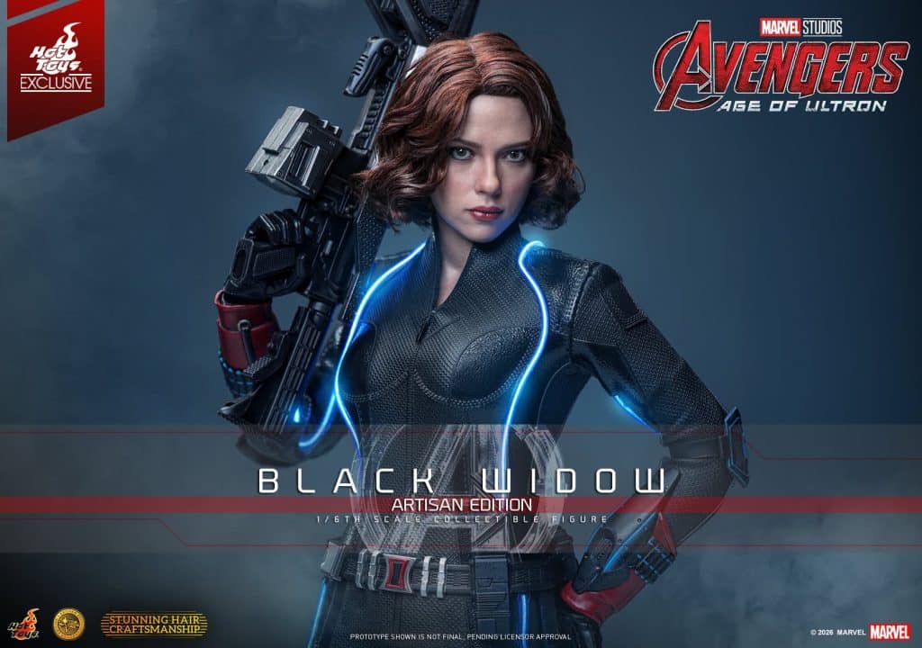 A detailed collectible figure of Black Widow from Marvel's Avengers: Age of Ultron, showcasing her in a tactical suit, holding a weapon.