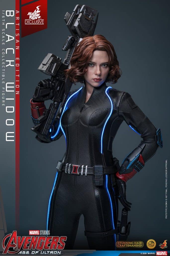 A highly detailed collectible figure of Black Widow from Marvel's Avengers: Age of Ultron, featuring her in a sleek black outfit with blue accents, holding a weapon.