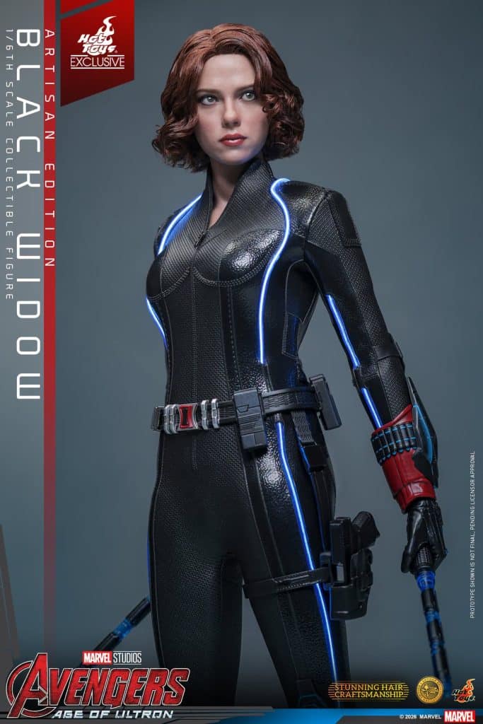 Highly detailed collectible figure of Black Widow from Avengers: Age of Ultron, showcasing her in a sleek, black and blue costume with a serious expression.