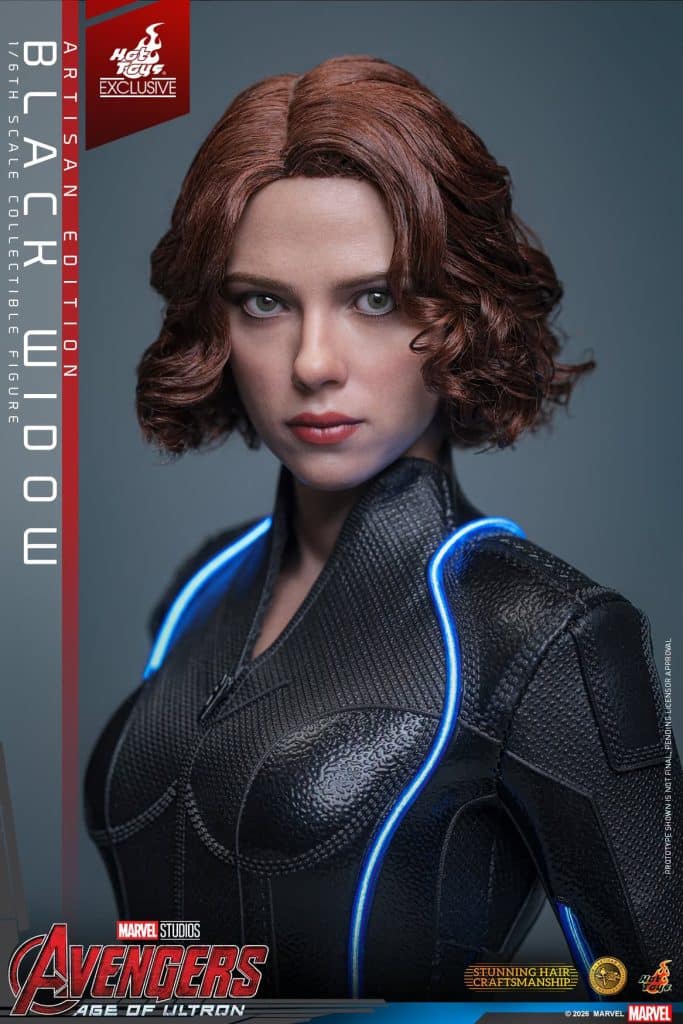 Highly detailed collectible figure of Black Widow from Marvel's Avengers: Age of Ultron, featuring her signature black suit with blue accents and realistic facial features.