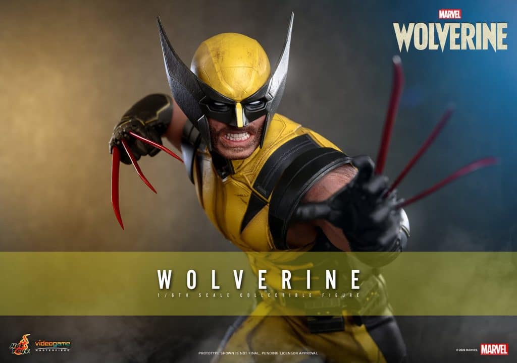 A dynamic action figure of Wolverine, featuring his iconic yellow and black costume, extended claws, and a fierce expression.
