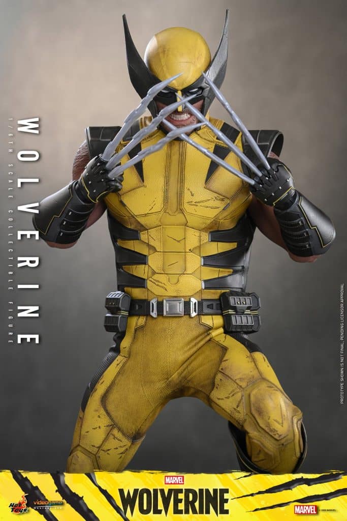A highly detailed collectible figure of Wolverine from Marvel, showcasing his iconic yellow and black costume, complete with extended claws and a fierce expression.