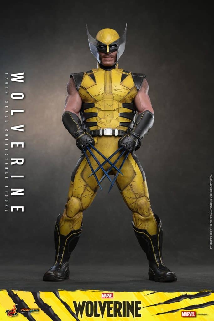 A detailed action figure of Wolverine, wearing a yellow and black costume, standing in a dynamic pose with claws extended, against a dark background.