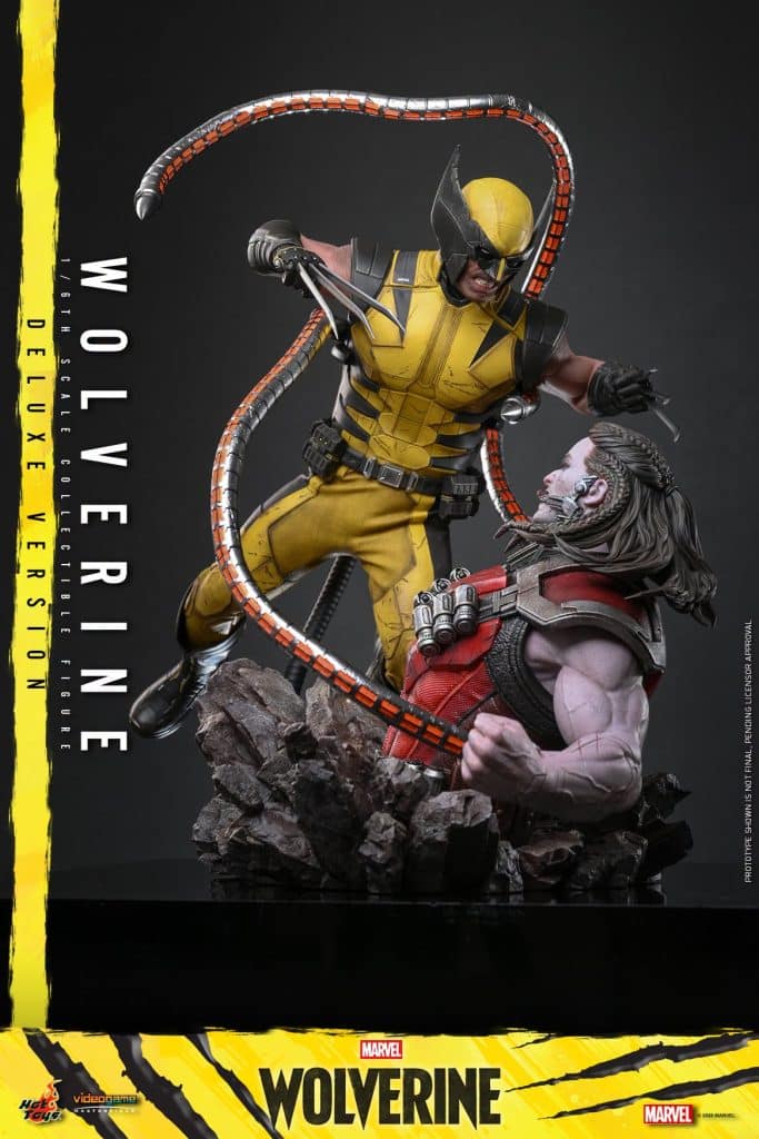 A detailed collectible figure of Wolverine in a yellow and black suit, poised in an action stance while confronting an opponent. The figure features intricate detailing on the character's claws and expression, set against a rocky base.