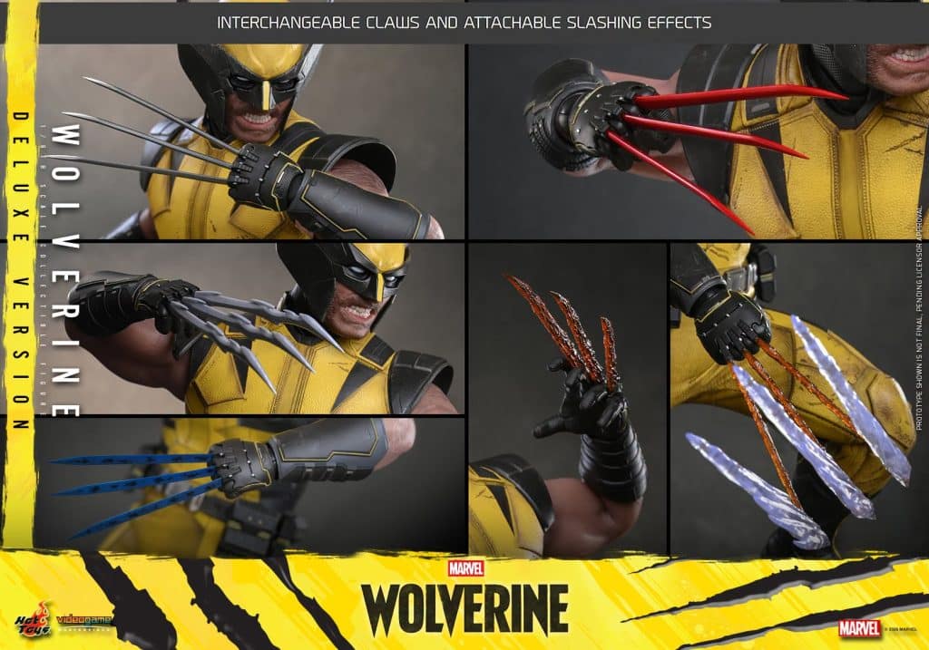 Image of a Wolverine action figure featuring interchangeable claws in various colors and attachable slashing effects. The figure is shown in multiple poses, highlighting its detailed costume and accessories.