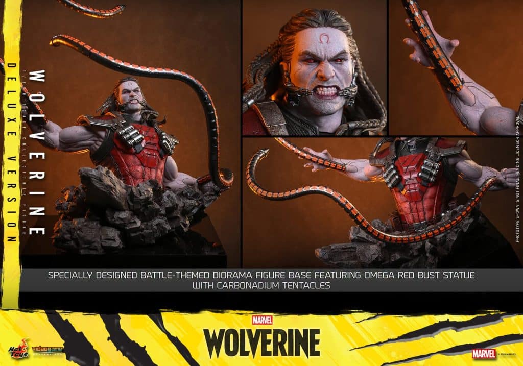 A detailed diorama figure of Wolverine in a battle theme, featuring a bust of Omega Red with carbonadium tentacles. The figure is displayed on a rocky base, showcasing intricate details and vibrant colors.