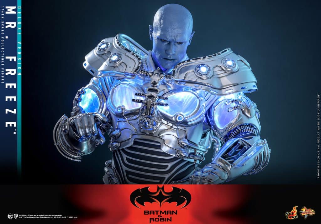 A detailed collectible figure of Mr. Freeze, showcasing intricate metallic armor with blue glowing elements, inspired by the character from Batman & Robin.
