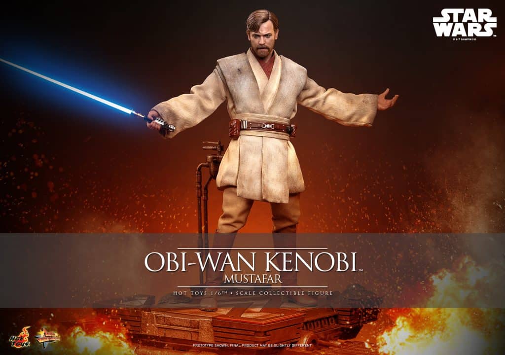 A detailed collectible figure of Obi-Wan Kenobi from Star Wars, with a blue lightsaber, set against a fiery background.