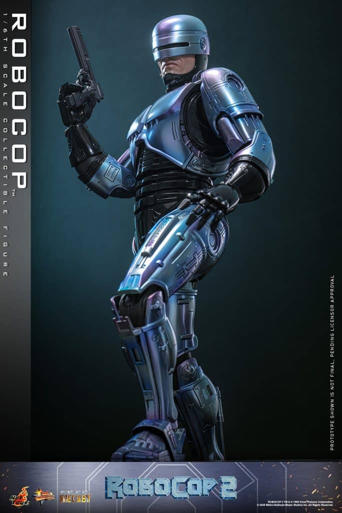 A collectible 1/6 scale figure of Robocop, showcasing detailed design with metallic armor, a gun in hand, and posed dynamically against a dark background.