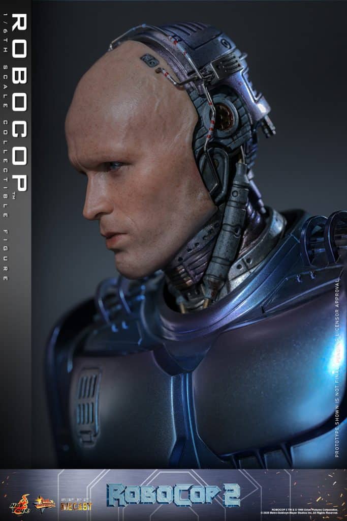 Close-up of a detailed 1/6 scale collectible figure of RoboCop, showcasing the intricate design of the head and upper body. The figure features metallic elements and lifelike textures.
