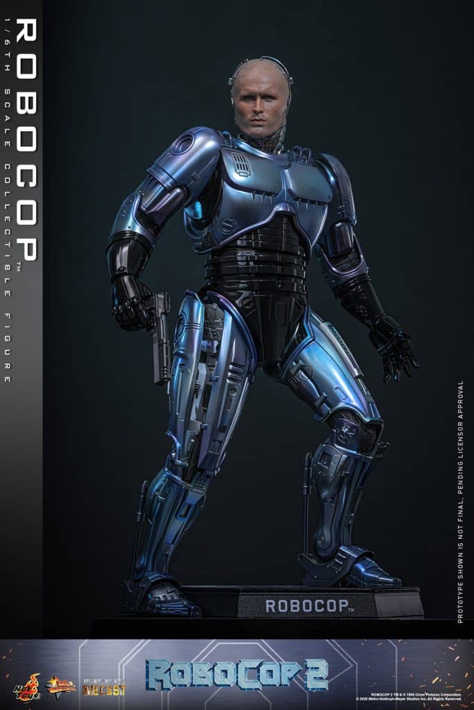 A detailed 1/6 scale collectible figure of RoboCop, showcasing a metallic blue and silver robotic design, standing confidently with a gun in hand.