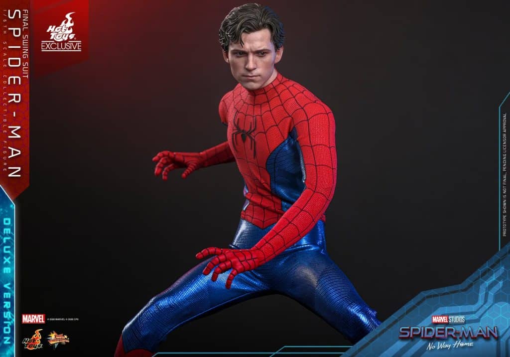 A high-quality collectible figure of Spider-Man in his final swing suit, posed dynamically with a blue and red web-patterned costume, showcasing intricate details.
