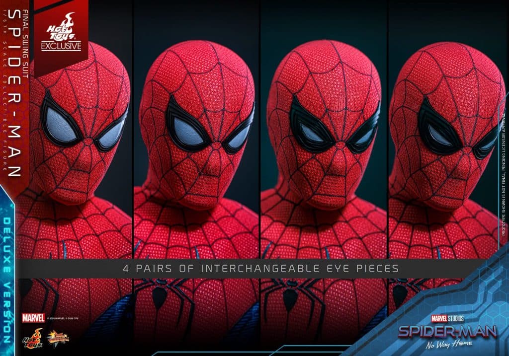 Close-up of a detailed Spider-Man collectible figure featuring four pairs of interchangeable eye pieces, showcasing the character's iconic red and blue suit.