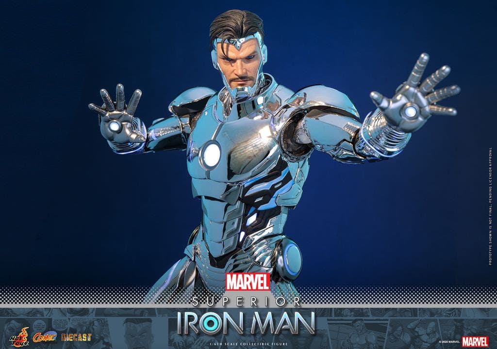 A highly detailed collectible figure of Superior Iron Man, featuring a shiny, metallic suit with an expressive pose, set against a blue background.