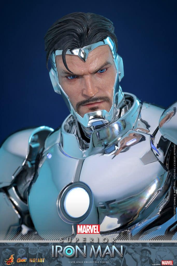 Close-up of a detailed collectible figure of Superior Iron Man, showcasing his chrome suit and striking blue eyes, against a dark background.