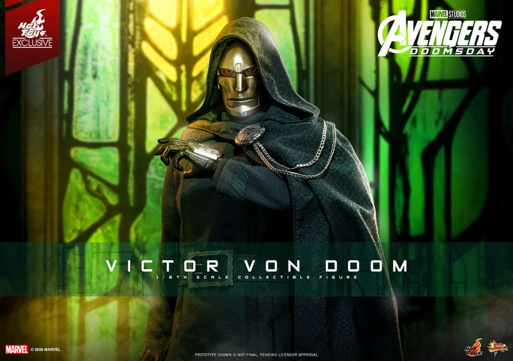A detailed collectible figure of Victor Von Doom from Marvel, depicted with a metallic mask and a dark hooded cloak, standing in front of green stained glass.