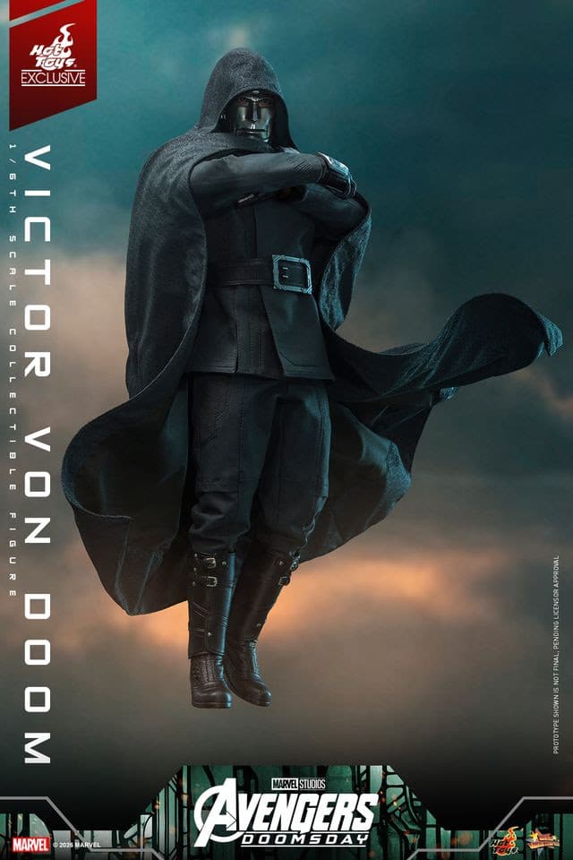 A highly detailed 1/6 scale collectible figure of Victor Von Doom, depicted in a dramatic pose with a flowing cape, showcasing intricate costume details and a metallic mask.