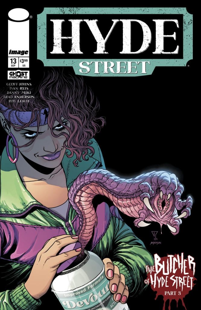 Comic book cover featuring a female character with purple hair, holding a spray can labeled 'Devour' while a monster-like creature emerges from it, with the title 'HYDE STREET' prominently displayed at the top.