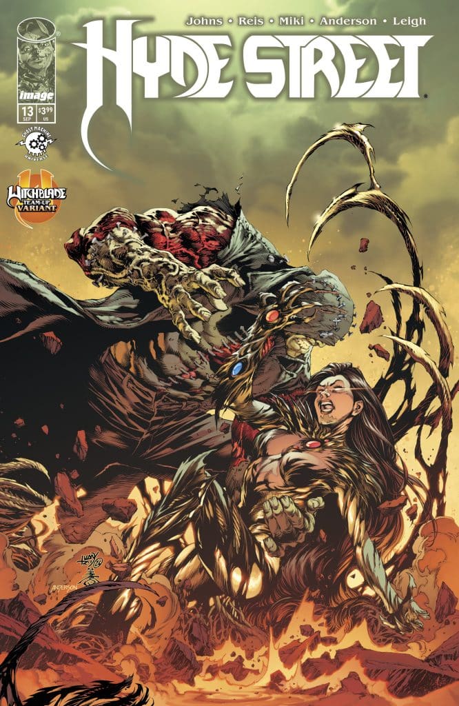 Comic book cover of 'Hyde Street' issue 13, featuring a dramatic confrontation between a monstrous figure and a woman in a fighting stance, set against a fiery background with debris.