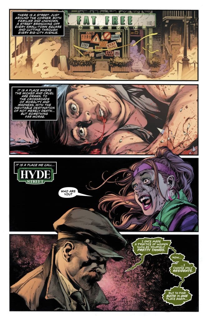 A comic book page featuring a street scene with a sign that reads 'FAT FREE', a graphic illustration of a woman with a distressed expression and blood on her face, and a man in a hat with a serious demeanor, discussing dark themes of their environment.