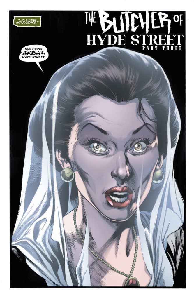A woman with dark hair and a veil, looking startled or terrified, with intense eyes and a dramatic expression. She wears a necklace with a pendant and earrings, set against a dark background with comic book text.