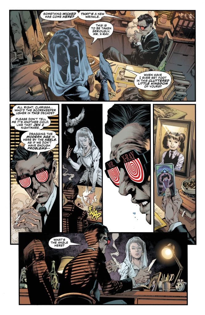 A comic book page featuring four panels with characters in a dimly lit room. One character, wearing red spiral glasses and smoking, is seated at a desk, while another character with a veil stands nearby. Dialogue bubbles convey a tense conversation, with references to a mysterious presence and a photograph being shown.