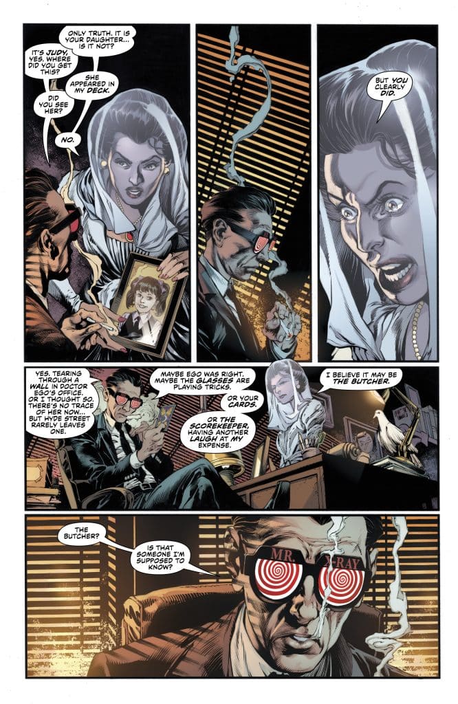 A comic panel featuring two characters engaged in a tense conversation. One character, a woman in a white veil, holds a photo of a child, while the other, a man in glasses, sits at a desk with a smoking cigarette. The man appears confused and defensive, while the woman seems angry and accusatory. There are visual elements like smoke and a mysterious figure in the background.