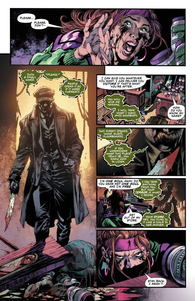 A tense comic scene featuring a woman in distress, pleading with a shadowy figure holding a knife. The background depicts a cluttered space, with the woman displaying fear while the figure seems menacing and confident. Dialogue bubbles convey a dark conversation about currency and desperation.