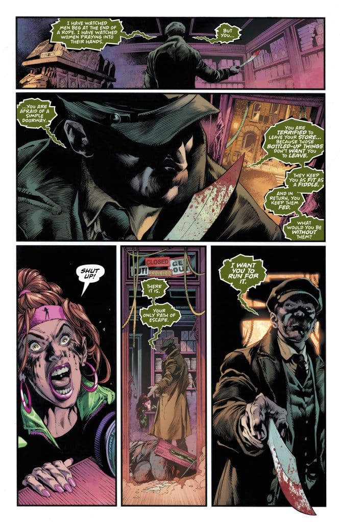 A tense comic book scene featuring a shadowy figure holding a bloody knife, speaking to a distressed woman. The background suggests a dimly lit store, emphasizing a sense of dread and urgency.