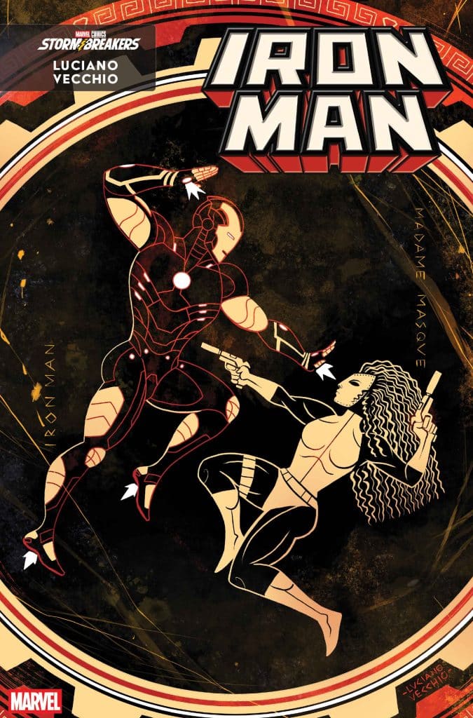 Illustration of Iron Man and Madame Masque engaged in a dynamic battle on a comic book cover, featuring bold colors and graphic design elements.
