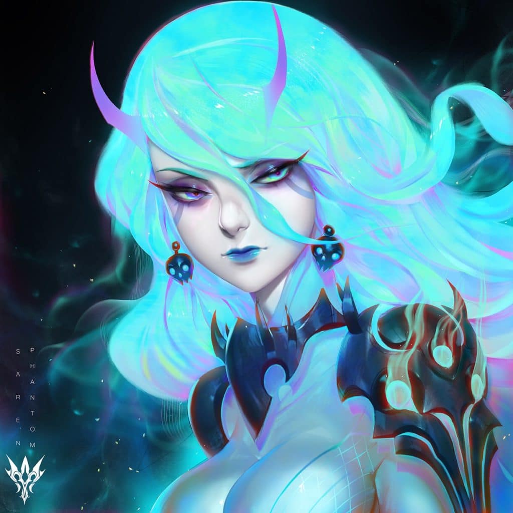 A digital painting of a woman with long, flowing, iridescent blue hair and purple horns, wearing intricate armor. She has piercing eyes and ornate earrings, with a mystical and ethereal aura surrounding her.