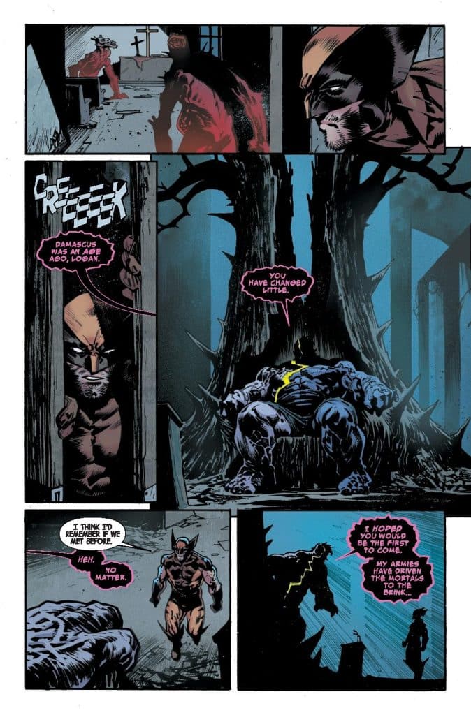 A comic book panel featuring two characters, one in a dark environment, discussing their past. The dialogue reveals a tense relationship, with one character commenting on the other's lack of change. The setting includes dramatic shadows and a prominent tree.