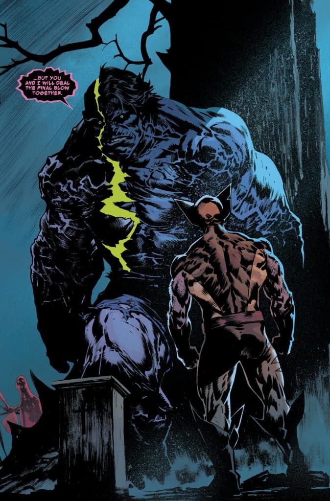 A comic book scene featuring a muscular character facing off against a giant, shadowy figure with a lightning bolt symbol, set against a dark, atmospheric background with trees and a grave marker.