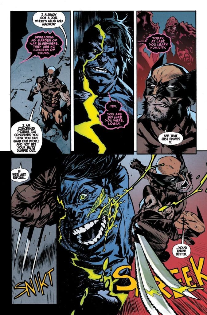 A comic panel featuring two characters engaged in a heated confrontation, with one character displaying blue skin and a menacing expression, while the other, a Wolverine-like figure, prepares for action with claws extended. Dialogue exchanges reflect tension and hostility.