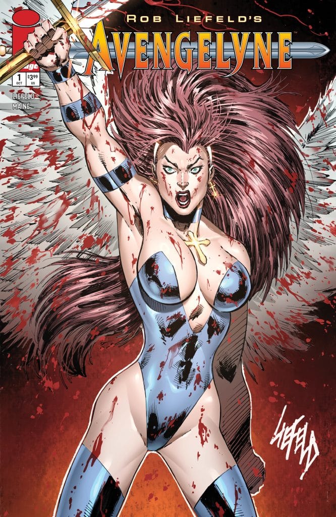 Cover of the comic 'Avengelyne' by Rob Liefeld, featuring a fierce female character with long, flowing hair, wearing a blue bodysuit stained with blood, and holding a sword aloft.