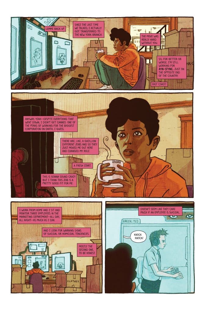A comic-style illustration featuring a character with curly hair, sitting at a desk with multiple computer screens. The character is holding a mug and appears to be conversing in a casual setting, with speech bubbles providing dialogue about work and mental health.